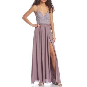 City Vibe Spaghetti Strap V-Neck Glitter Lace Bodice Cage Back High Slit Hem